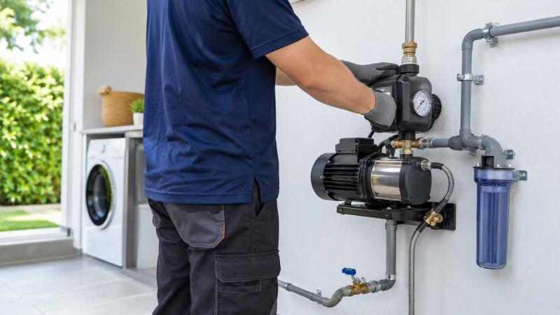 Técnico reparando un sistema de bombas